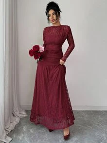 Elenzga Women's Autumn/Winter Lace Ruched Bodycon Dress, Versatile For Outings, Date Nights, Theme Parties, Celebrations - Burgundy - View 6