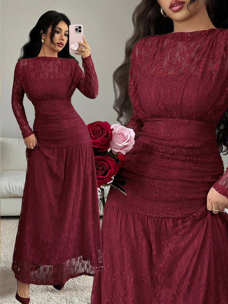 Elenzga Women's Autumn/Winter Lace Ruched Bodycon Dress, Versatile For Outings, Date Nights, Theme Parties, Celebrations - Burgundy - View 1
