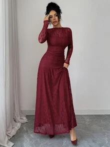 Elenzga Women's Autumn/Winter Lace Ruched Bodycon Dress, Versatile For Outings, Date Nights, Theme Parties, Celebrations - Burgundy - View 4