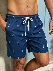 Manfinity Swimmode Men's Summer Anchor Print Drawstring Tie Beach Pants Holiday / Vacation / Beach / Hawaii / Tropical / Swim /  Bathing - Navy Blue - View 5
