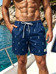 Manfinity Swimmode Men's Summer Anchor Print Drawstring Tie Beach Pants Holiday / Vacation / Beach / Hawaii / Tropical / Swim /  Bathing - Navy Blue - View 3