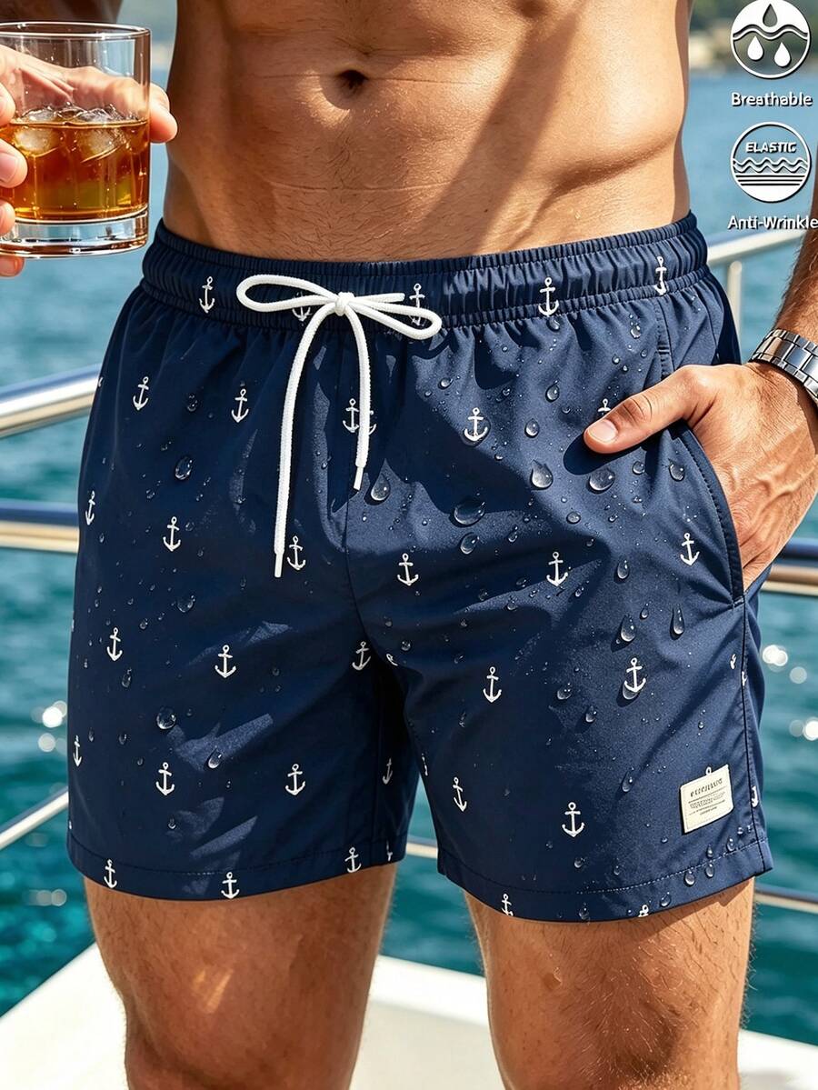 Manfinity Swimmode Men's Summer Anchor Print Drawstring Tie Beach Pants Holiday / Vacation / Beach / Hawaii / Tropical / Swim / Bathing - Navy Blue - View 1