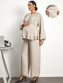 MaterniWear Maternity Solid Color Pleated Long Sleeve Top And Adjustable Waistband Pants Casual Daily 2 Pieces Set - Khaki - View 4