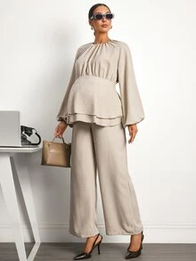 MaterniWear Maternity Solid Color Pleated Long Sleeve Top And Adjustable Waistband Pants Casual Daily 2 Pieces Set - Khaki - View 8