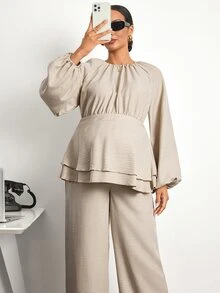 MaterniWear Maternity Solid Color Pleated Long Sleeve Top And Adjustable Waistband Pants Casual Daily 2 Pieces Set - Khaki - View 7