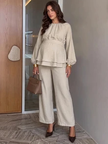 MaterniWear Maternity Solid Color Pleated Long Sleeve Top And Adjustable Waistband Pants Casual Daily 2 Pieces Set - Khaki - View 3