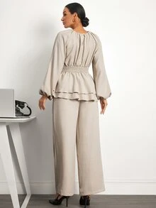 MaterniWear Maternity Solid Color Pleated Long Sleeve Top And Adjustable Waistband Pants Casual Daily 2 Pieces Set - Khaki - View 5