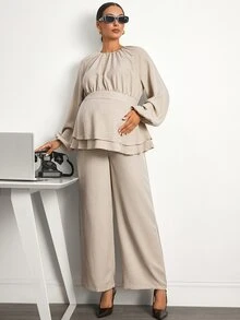 MaterniWear Maternity Solid Color Pleated Long Sleeve Top And Adjustable Waistband Pants Casual Daily 2 Pieces Set - Khaki - View 9