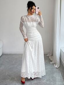 Elenzga Women's Autumn/Winter Lace Ruched Bodycon Dress, Versatile For Outings, Date Nights, Theme Parties, Celebrations - White - View 4