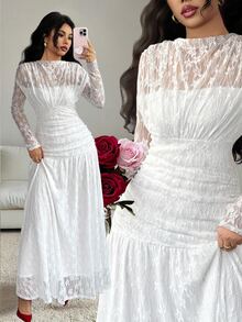 Elenzga Women's Autumn/Winter Lace Ruched Bodycon Dress, Versatile For Outings, Date Nights, Theme Parties, Celebrations - White - View 1
