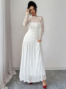 Elenzga Women's Autumn/Winter Lace Ruched Bodycon Dress, Versatile For Outings, Date Nights, Theme Parties, Celebrations - White - View 5
