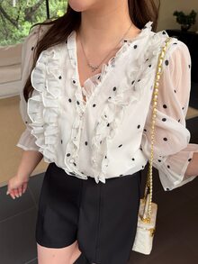 Bijouette Women's Polka Dot Pattern Flare Sleeve Ruffle Elegant Romantic Celestial Blouse Tea Party Brunch High Tea Summer All White - Black and White - View 3