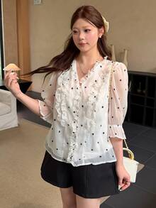 Bijouette Women's Polka Dot Pattern Flare Sleeve Ruffle Elegant Romantic Celestial Blouse Tea Party Brunch High Tea Summer All White - Black and White - View 1
