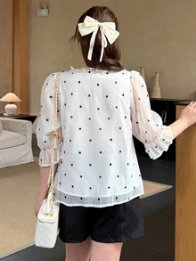 Bijouette Women's Polka Dot Pattern Flare Sleeve Ruffle Elegant Romantic Celestial Blouse Tea Party Brunch High Tea Summer All White - Black and White - View 2