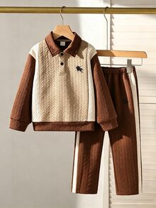 Genkimix Kids 男童秋冬 Polo 領套裝，菱格配色上衣 + 條紋長褲，復古拼接休閒 2 件套，日常居家與戶外穿著 - 卡其色 - 查看 3