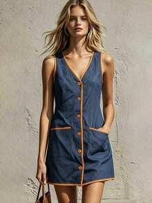 Glimmora Women's Colorblock V-Neck Casual Everyday Summer Short Dress - Navy Blue - View 3