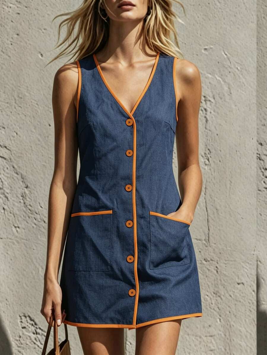 Glimmora Women's Colorblock V-Neck Casual Everyday Summer Short Dress - Navy Blue - View 1
