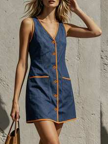 Glimmora Women's Colorblock V-Neck Casual Everyday Summer Short Dress - Navy Blue - View 4