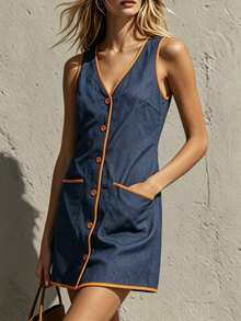 Glimmora Women's Colorblock V-Neck Casual Everyday Summer Short Dress - Navy Blue - View 5