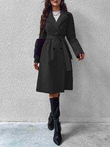 Calvaya Lapel Neck Double Breasted Belted Coat Fall Winter Cloth For Women - Black - View 5