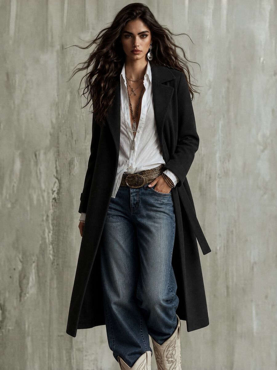 Calvaya Lapel Neck Double Breasted Belted Coat Fall Winter Cloth For Women - Black - View 1