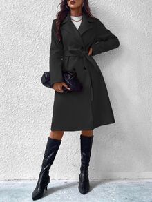 Calvaya Lapel Neck Double Breasted Belted Coat Fall Winter Cloth For Women - Black - View 7
