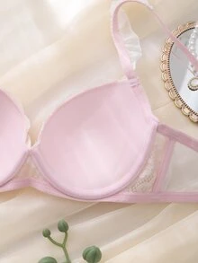 DelicateAllure Pink Mesh Lace Patchwork Ribbon Bow Ruffle Dreamy Sweet Cute Minimalist Sexy Lolita Kawaii Babydoll Sheer Girl Cup Detail Underwire Molded Cup Push-Up Gathered Luxurious Exquisite Women's Lingerie Bra - Pink - View 3