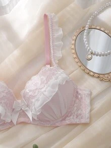 DelicateAllure Pink Mesh Lace Patchwork Ribbon Bow Ruffle Dreamy Sweet Cute Minimalist Sexy Lolita Kawaii Babydoll Sheer Girl Cup Detail Underwire Molded Cup Push-Up Gathered Luxurious Exquisite Women's Lingerie Bra - Pink - View 2