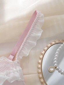 DelicateAllure Pink Mesh Lace Patchwork Ribbon Bow Ruffle Dreamy Sweet Cute Minimalist Sexy Lolita Kawaii Babydoll Sheer Girl Cup Detail Underwire Molded Cup Push-Up Gathered Luxurious Exquisite Women's Lingerie Bra - Pink - View 6