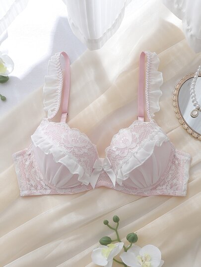 DelicateAllure Sujetador de lencería de mujer de lujo exquisito, estilo babydoll Lolita kawaii, rosa, de malla transparente con patchwork de encaje, lazo de cinta, volantes, diseño soñador, dulce, lindo, minimalista y sexy, con detalle de copa para chica, aros, copa moldeada, push-up y fruncido