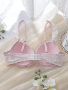 DelicateAllure Pink Mesh Lace Patchwork Ribbon Bow Ruffle Dreamy Sweet Cute Minimalist Sexy Lolita Kawaii Babydoll Sheer Girl Cup Detail Underwire Molded Cup Push-Up Gathered Luxurious Exquisite Women's Lingerie Bra - Pink - View 5