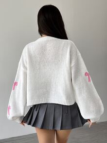 Flirla Cárdigan casual con diseño de jacquard de cerezas cautivadoras, de manga larga - Blanco - Ver 2