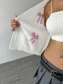 Flirla Cárdigan casual con diseño de jacquard de cerezas cautivadoras, de manga larga - Blanco - Ver 7