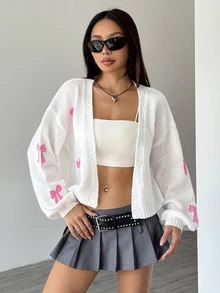 Flirla Cárdigan casual con diseño de jacquard de cerezas cautivadoras, de manga larga - Blanco - Ver 6