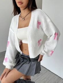 Flirla Cárdigan casual con diseño de jacquard de cerezas cautivadoras, de manga larga - Blanco - Ver 5