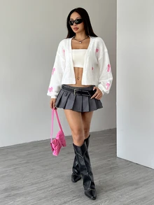 Flirla Cárdigan casual con diseño de jacquard de cerezas cautivadoras, de manga larga - Blanco - Ver 3