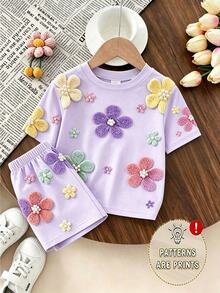 Summer 2pcs/Set Girls Cute Modest Vacation Print Short Sleeve Round Neck T-Shirt Set Light Purple Top Pants Family Matching - Multicolor - View 1