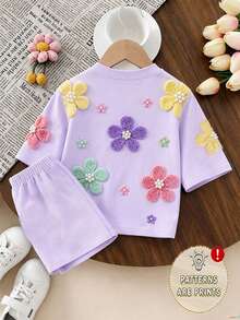 Summer 2pcs/Set Girls Cute Modest Vacation Print Short Sleeve Round Neck T-Shirt Set Light Purple Top Pants Family Matching - Multicolor - View 2