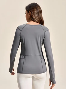 Exploreva Exploreva Women's Dark Grey Mesh Patchwork Long Sleeve T-Shirt - Dark Grey - View 2