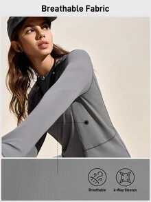Exploreva Exploreva Women's Dark Grey Mesh Patchwork Long Sleeve T-Shirt - Dark Grey - View 7