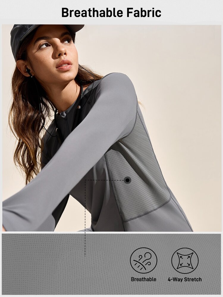 Exploreva Exploreva Women's Dark Grey Mesh Patchwork Long Sleeve T-Shirt - Dark Grey - View 7
