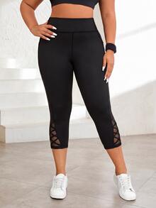 Solea Cove Plus Size Asymmetrical Flocked Mesh Patchwork Side Pocket Sports Leggings - Black - View 5