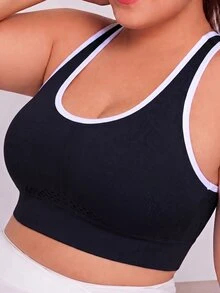 Solea Cove Plus Size Contrast Trim Racerback Sports Bra Gym Black And White Summer Gym Athletic Gym Sports Gym Sports - Black - View 4