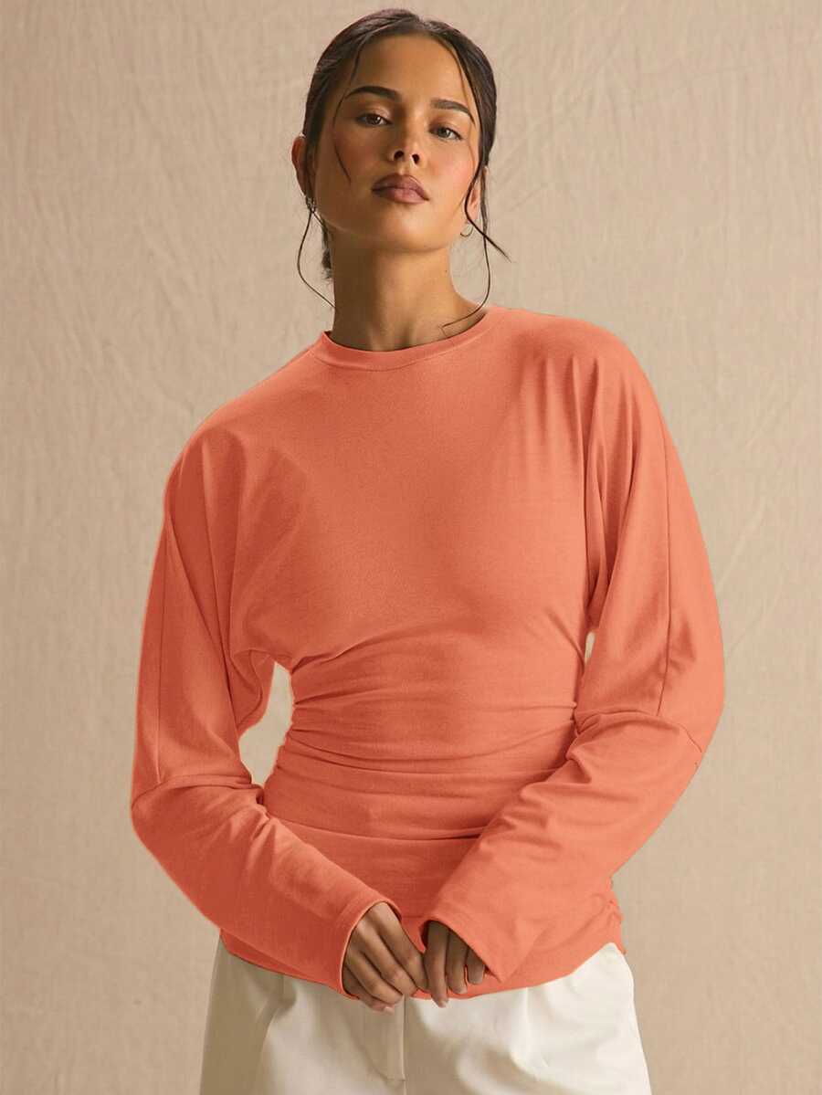MUSERA Cinched Ruched Waist Batwing Long Sleeve Top Spring Summer Cute Cosy Cottage Core Spring Dew Spring Office - Orange - View 1