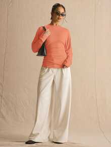 MUSERA Cinched Ruched Waist Batwing Long Sleeve Top Spring Summer Cute Cosy Cottage Core Spring Dew Spring Office - Orange - View 5