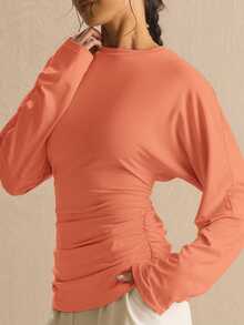 MUSERA Cinched Ruched Waist Batwing Long Sleeve Top Spring Summer Cute Cosy Cottage Core Spring Dew Spring Office - Orange - View 2