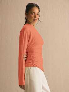 MUSERA Cinched Ruched Waist Batwing Long Sleeve Top Spring Summer Cute Cosy Cottage Core Spring Dew Spring Office - Orange - View 3