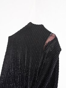 SHEIN Clasi 女款黑色對比蕾絲水鑽裝飾半透開衩直筒長褲，時尚款 - 黑色 - 查看 3