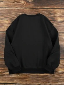 INAWLY 女款萬聖節刺繡字母圖案黑色圓領上衣 寬鬆休閒極簡風 秋季街頭風 長袖針織假日衛衣 - 黑色 - 查看 2