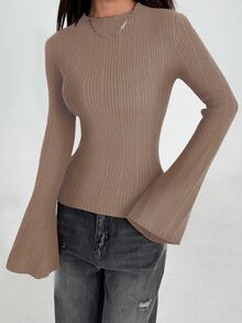 Flirla Women's Fashionable Flare Sleeve Solid Color Round Neck Fitted Sweater, Autumn - Camel - View 6